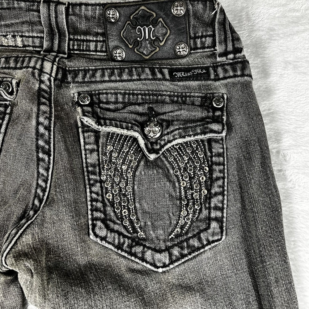 Miss Me Jeans Womens 27 Black Skinny Distressed Wing Embellished Flap Pocket - Picture 1 of 12